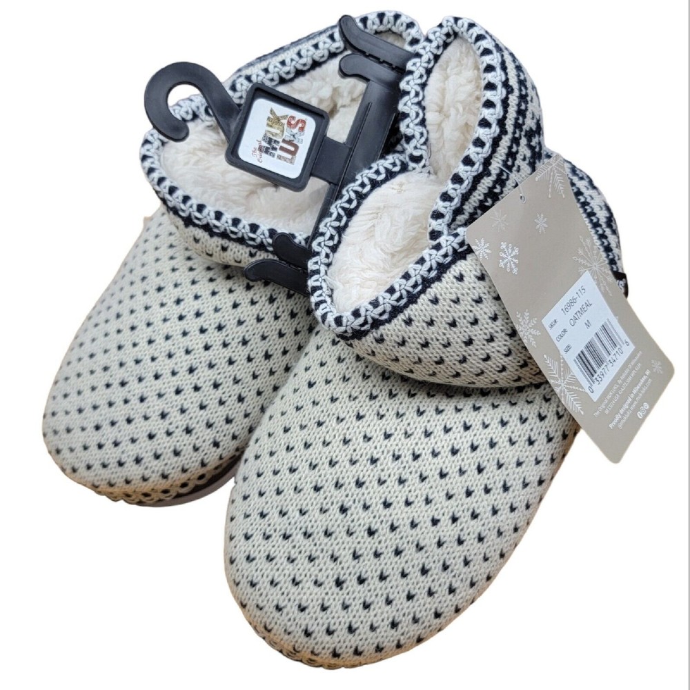 Muk Luks Oatmeal/Black Fair Isle Sherpa Lined Sweater Slippers Womens Medium 7/8